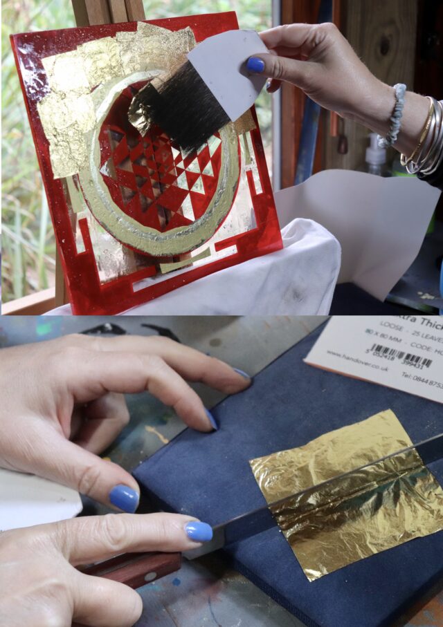 Applying gold leaf to glass for a ommission bespoke hand-crafted glass gold leaf ign