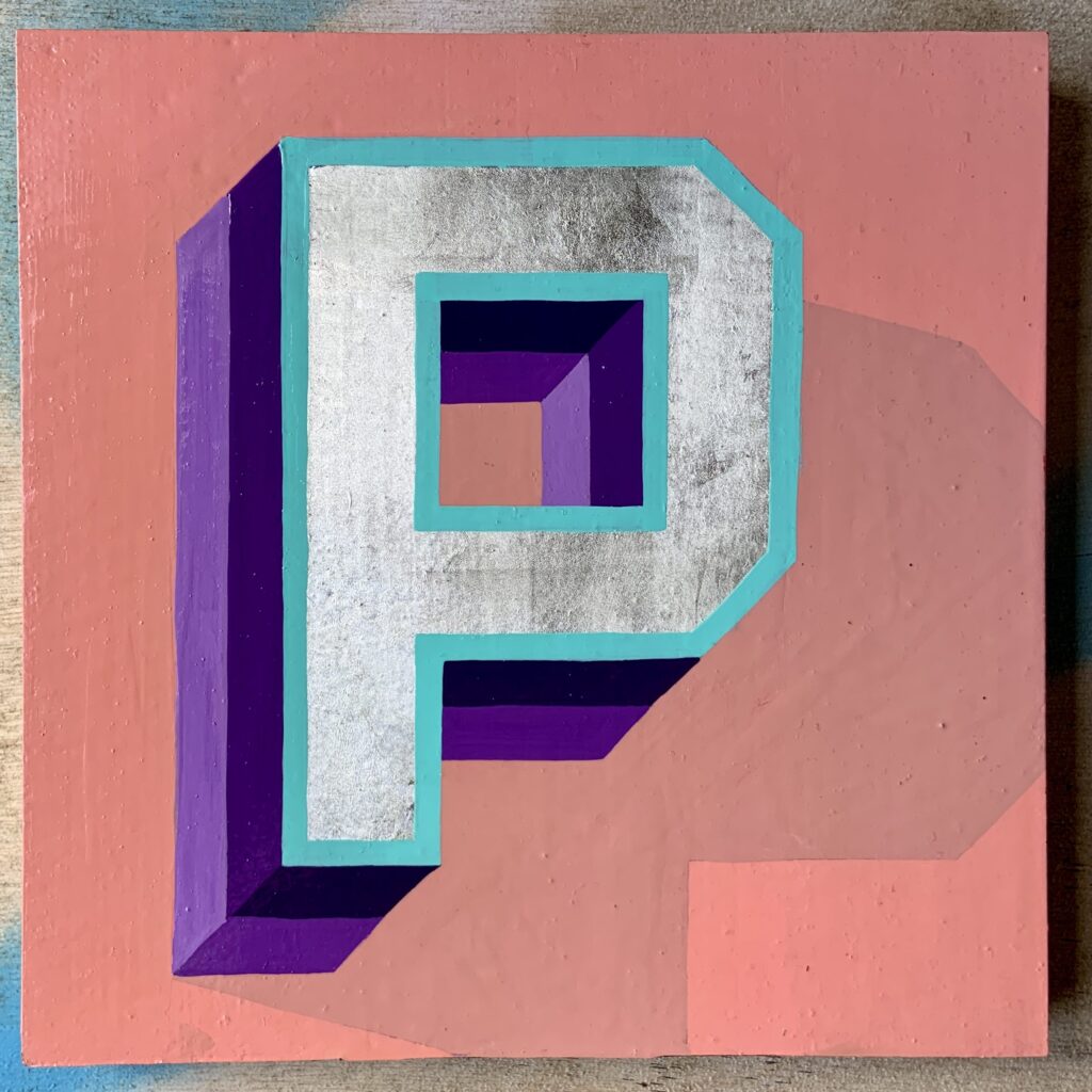 Superstar style letter P in gold leaf, purple and violet block and cast shadow on a salmon pink background. Hand painted and gilded on wood frame.
