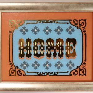 HOME reverse glass gold leaf typography artwork, 23 carat gold leaf and enamel paints in coral and light teal in a gold wood frame