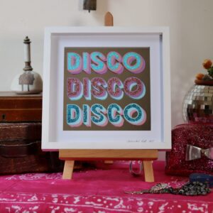 ‘Disco Disco Disco’ reverse glass, paint, glitter and mirror