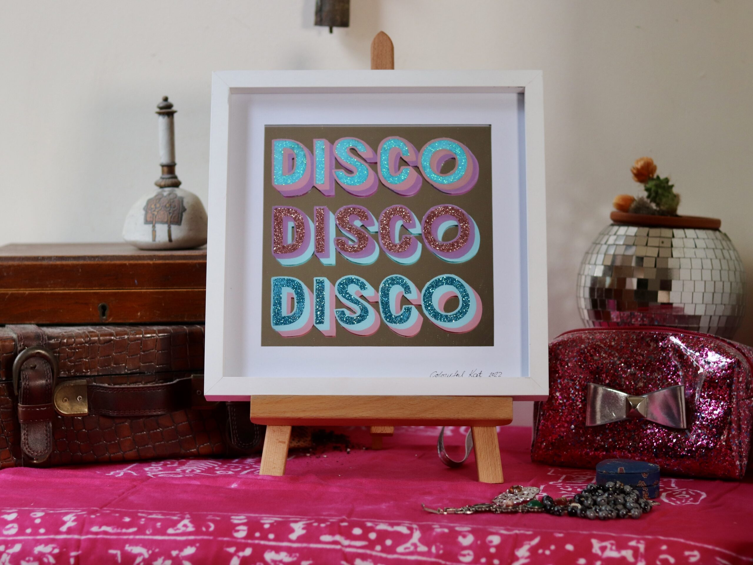 ‘Disco Disco Disco’ reverse glass, paint, glitter and mirror