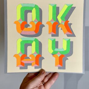 OKAY unique hand drawn design, hand-finished PAPER CUT art in neon and pastel card