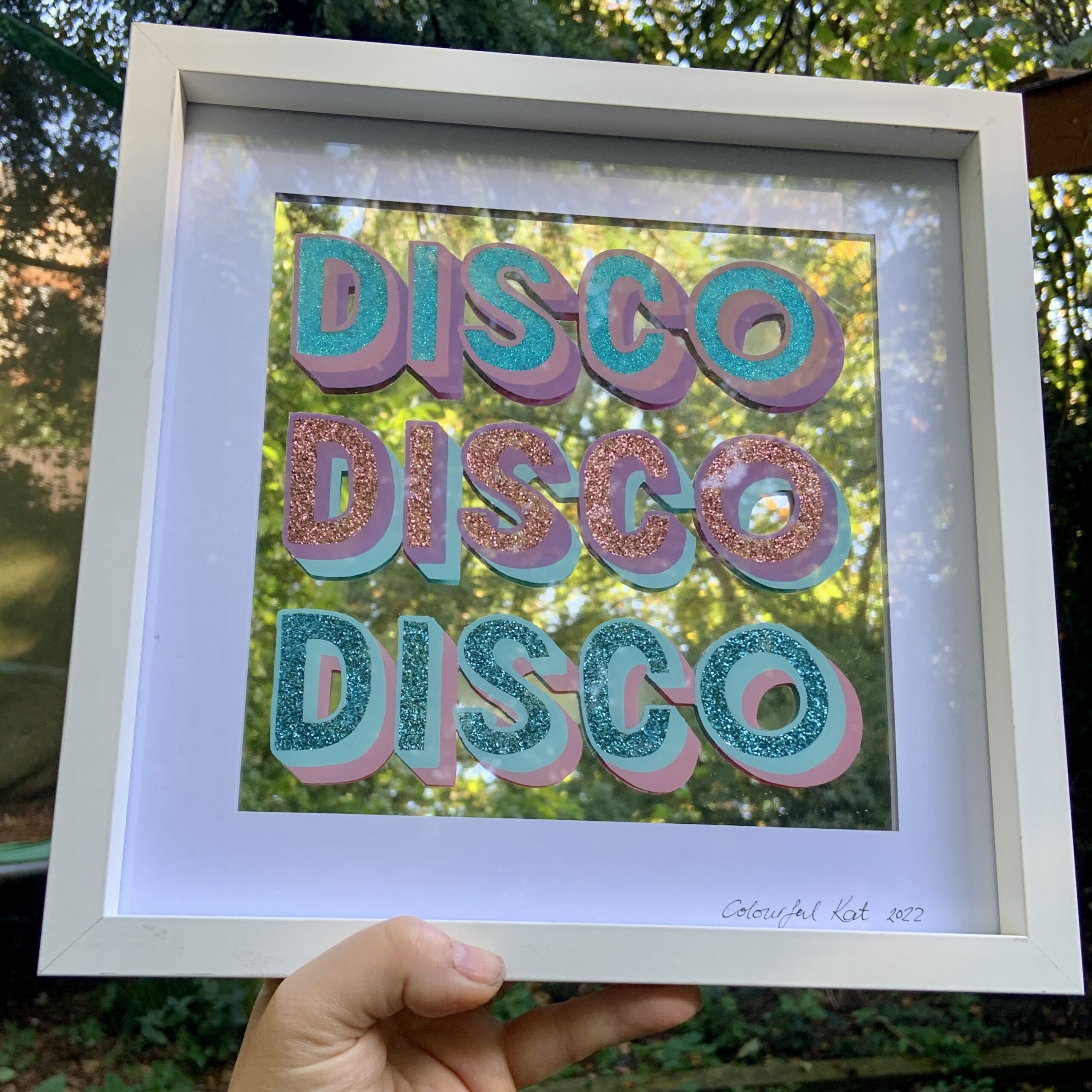 ‘Disco Disco Disco’ reverse glass, paint, glitter and mirror