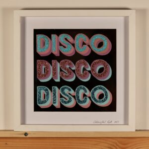 ‘Disco Disco Disco’ reverse glass, paint, glitter and mirror