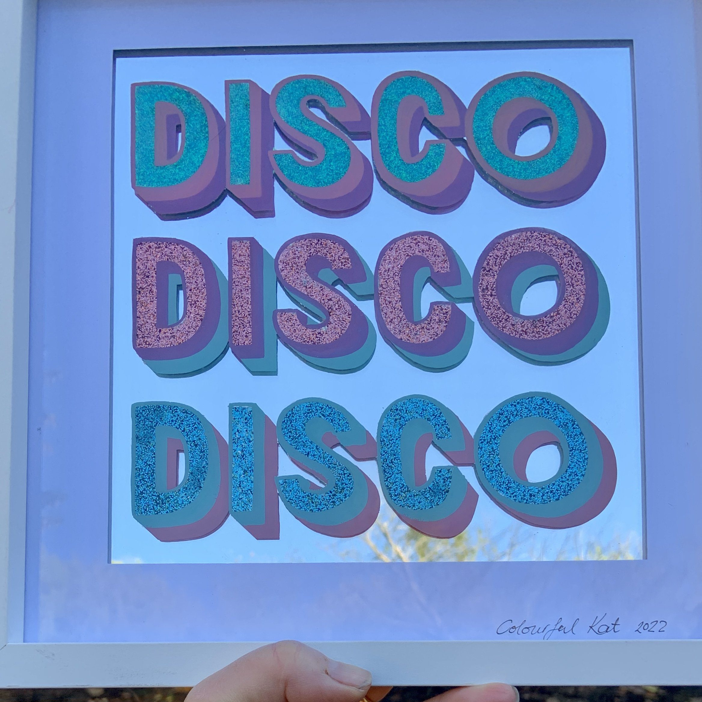 ‘Disco Disco Disco’ reverse glass, paint, glitter and mirror