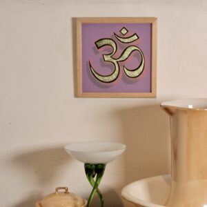 Reverse glass gold leaf Ohm symbol on a light violet background, in an oak wood frame