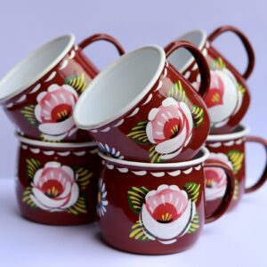 Traditional canal roses hand-painted enamel mugs in RED with white roses