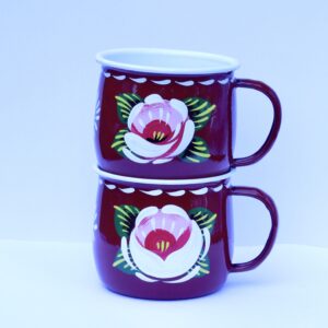 Traditional canal roses hand-painted enamel mugs in RED with white roses