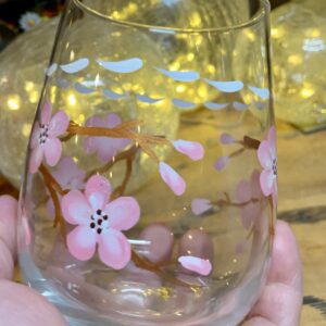 Cherry Blossom handpainted onto stemless wine glass