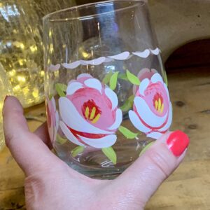 white canal roses hand painted onto stemless wine glass