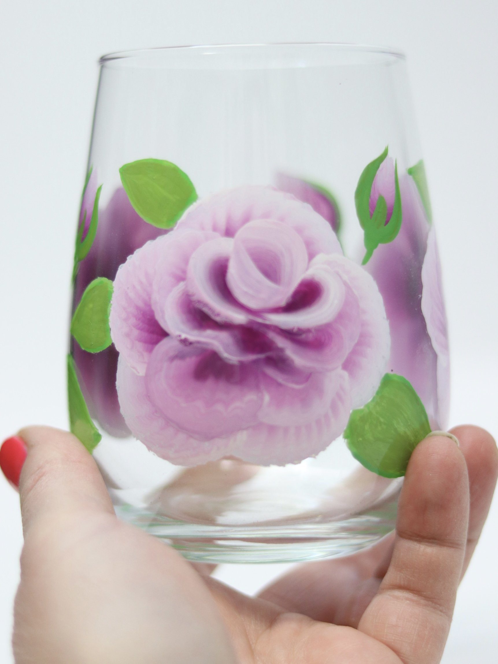 Violet ROSES beautifully handpainted onto stemless wine glass