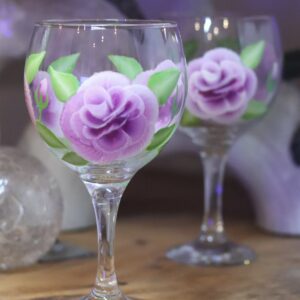 Beautifully hand-painted gin glasses in ‘folk-art’ style Violet ROSES design