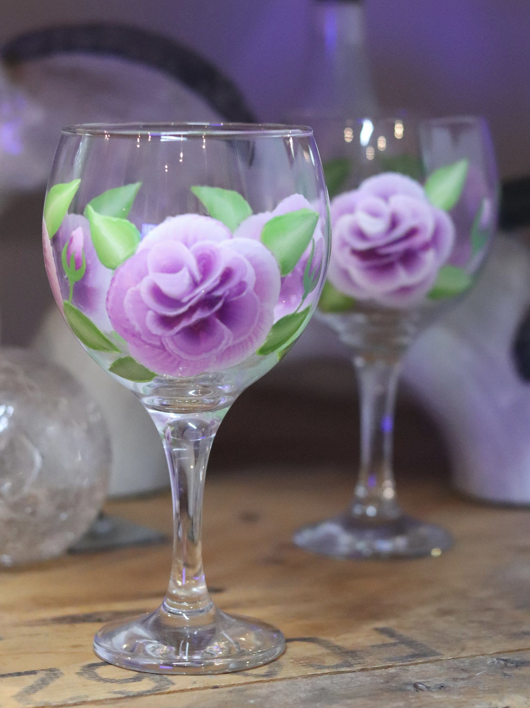 Beautifully hand-painted gin glasses in ‘folk-art’ style Violet ROSES design