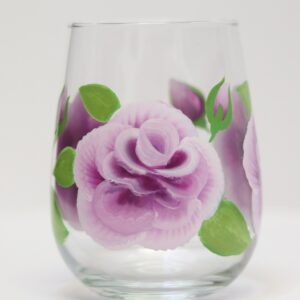 Violet ROSES beautifully handpainted onto stemless wine glass