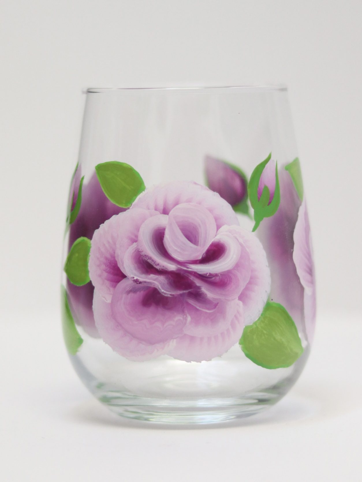 Violet ROSES beautifully handpainted onto stemless wine glass