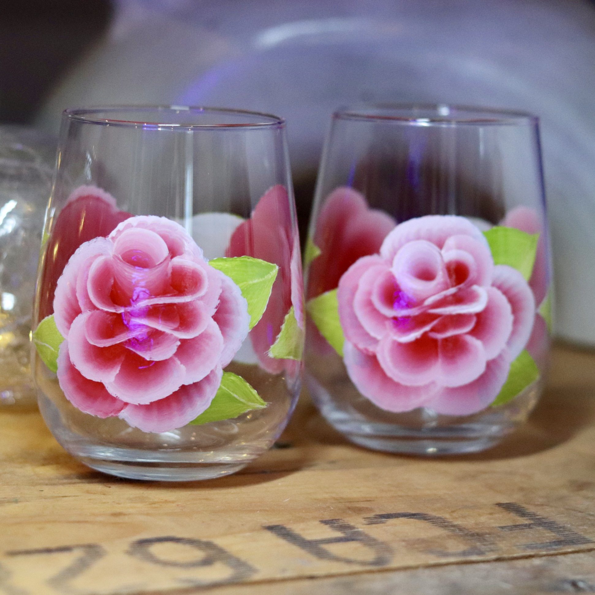 Pink ROSES beautifully handpainted onto stemless wine glass