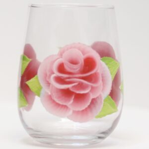 Pink ROSES beautifully handpainted onto stemless wine glass