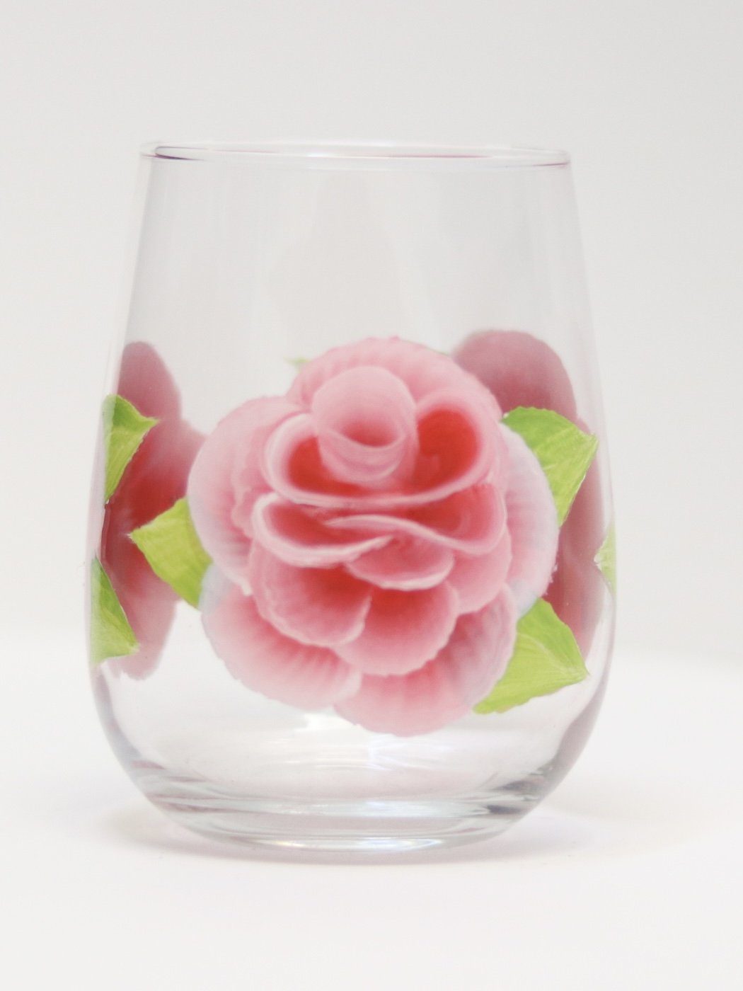 Pink ROSES beautifully handpainted onto stemless wine glass