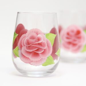 Pink ROSES beautifully handpainted onto stemless wine glass