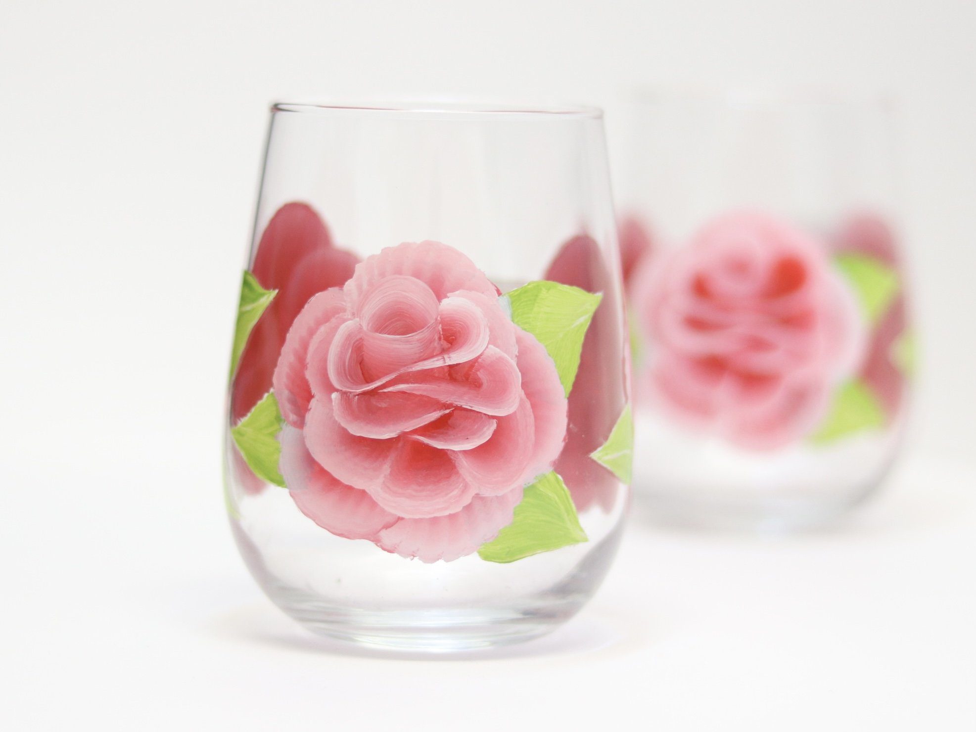 Pink ROSES beautifully handpainted onto stemless wine glass