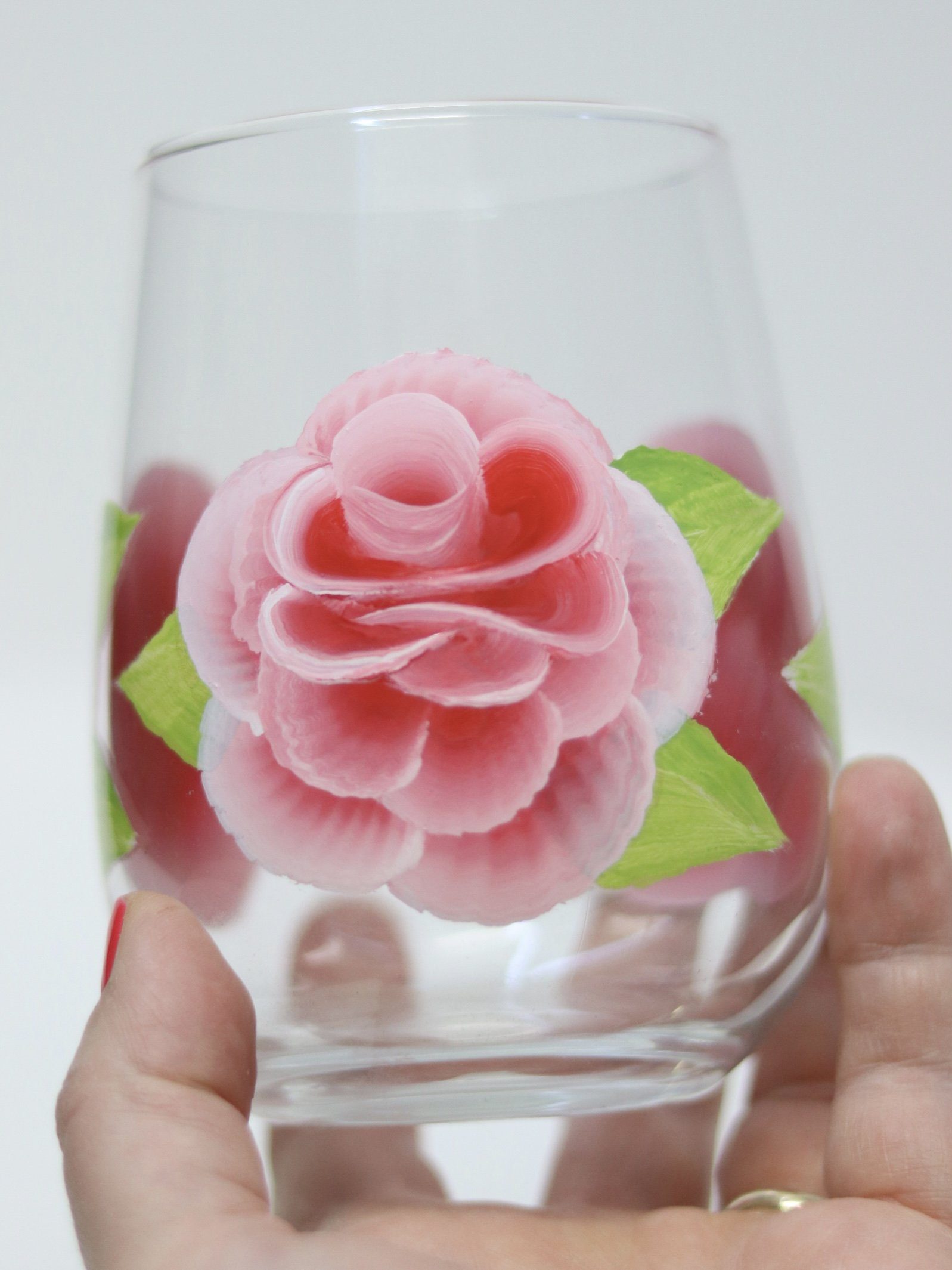 Pink ROSES beautifully handpainted onto stemless wine glass