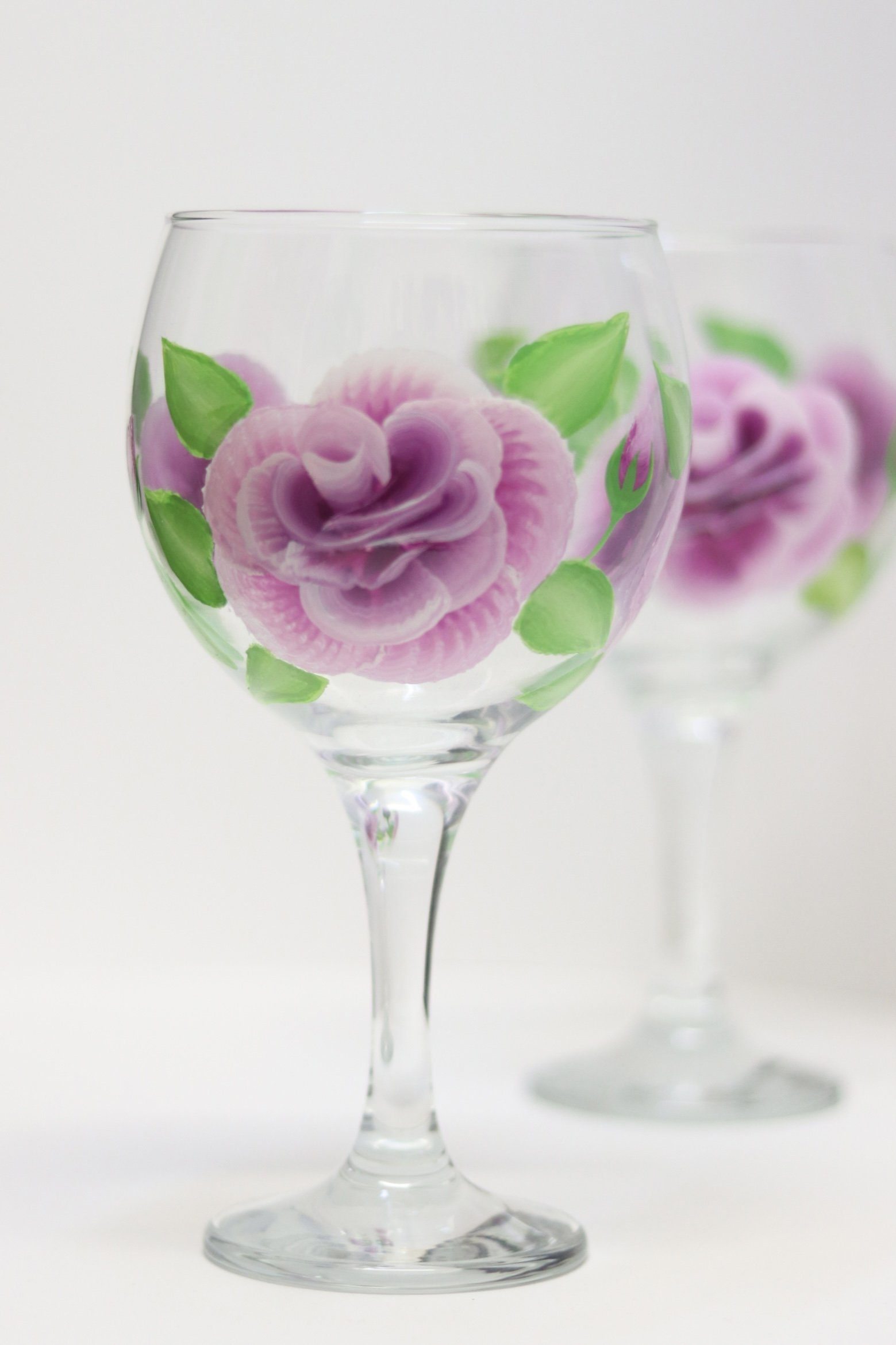 Beautifully hand-painted gin glasses in ‘folk-art’ style Violet ROSES design