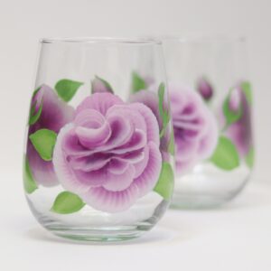 Violet ROSES beautifully handpainted onto stemless wine glass