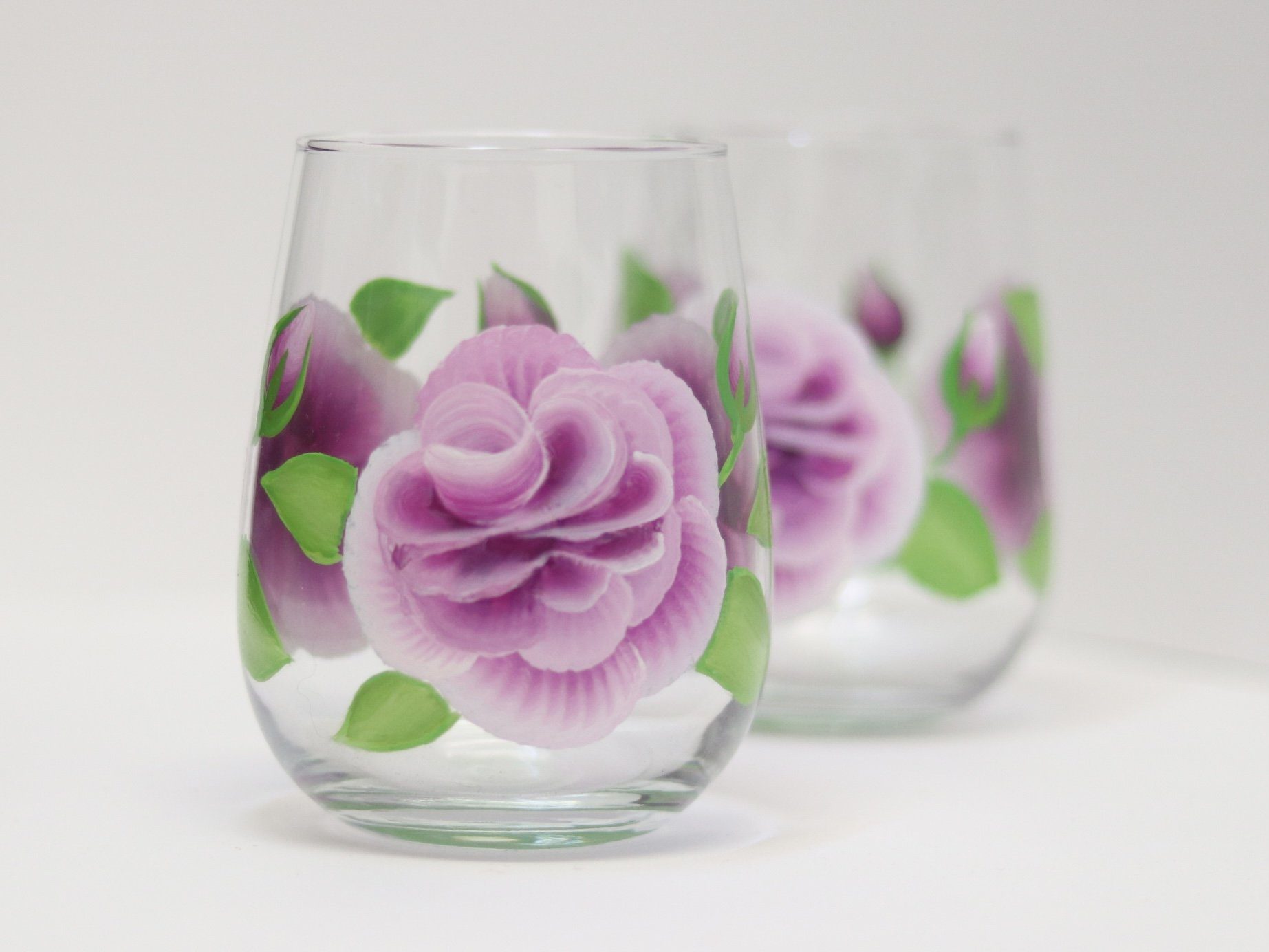 Violet ROSES beautifully handpainted onto stemless wine glass