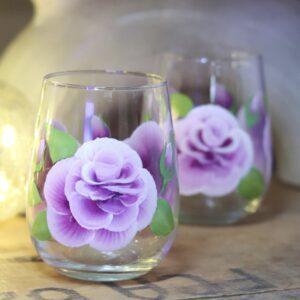 Violet ROSES beautifully handpainted onto stemless wine glass