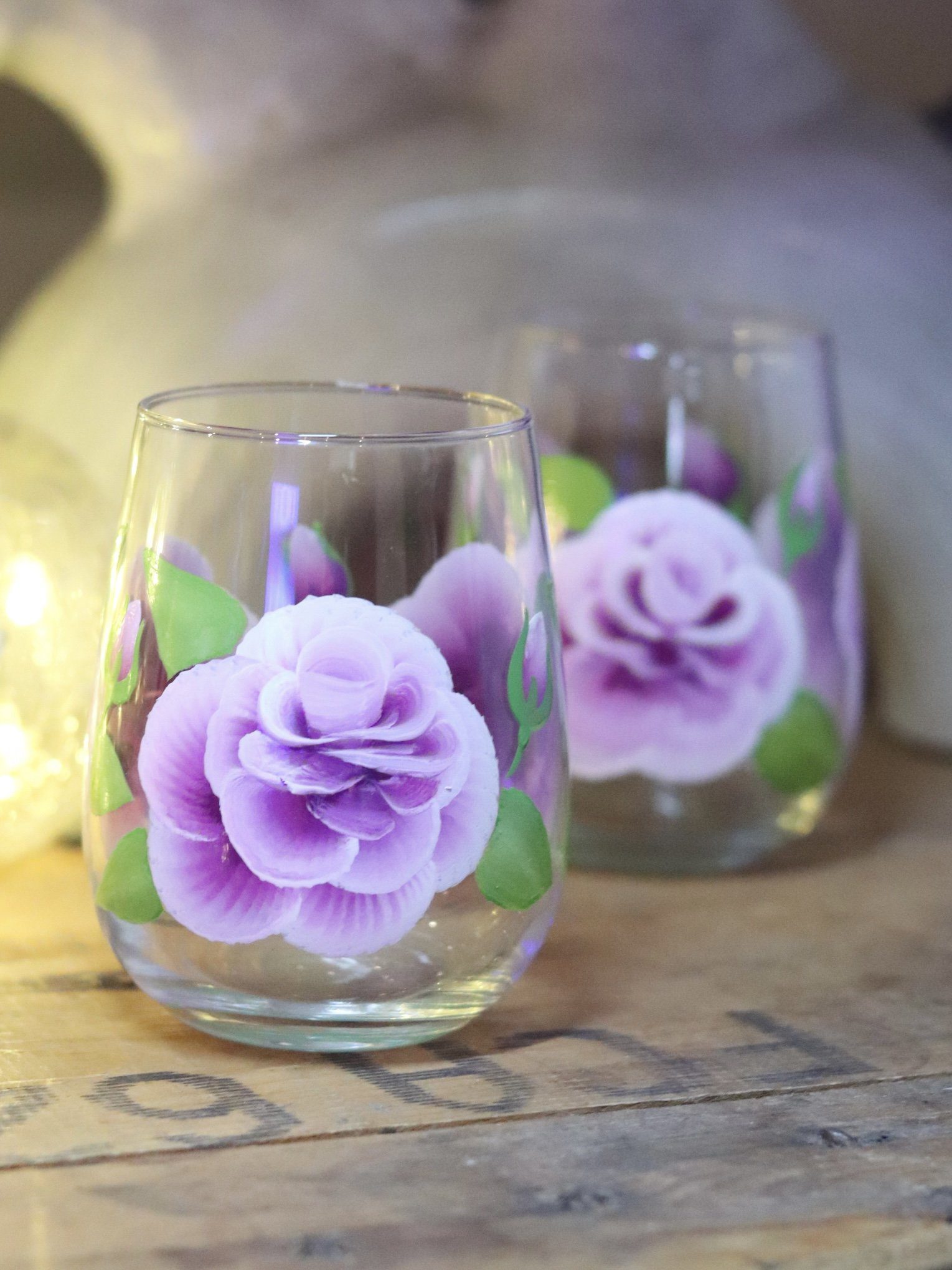 Violet ROSES beautifully handpainted onto stemless wine glass