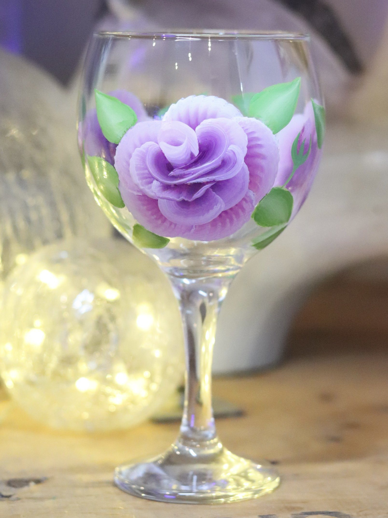 Beautifully hand-painted gin glasses in ‘folk-art’ style Violet ROSES design