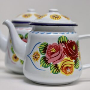 Canal Roses handpainted white enamel teapots