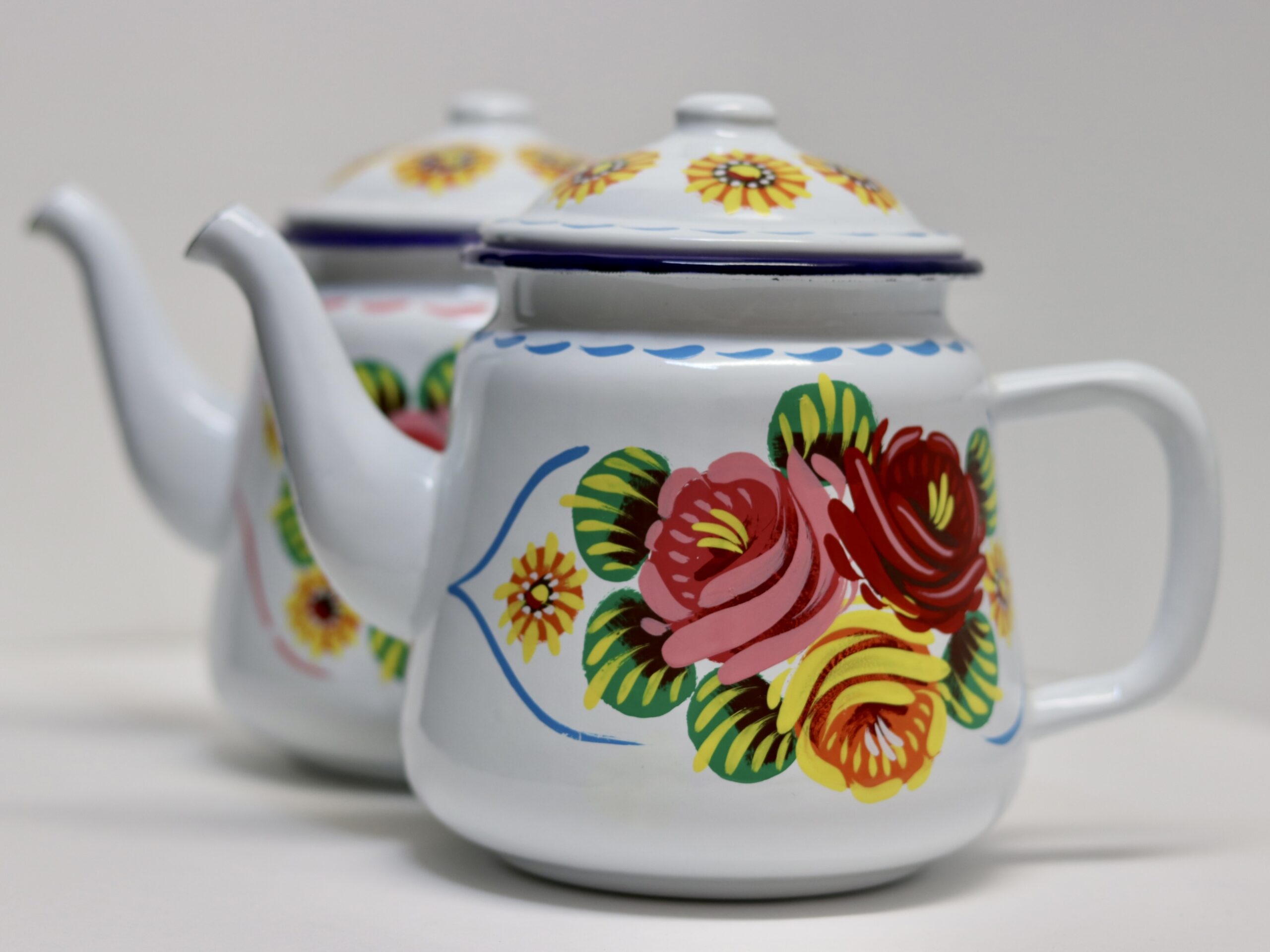 Canal Roses handpainted white enamel teapots