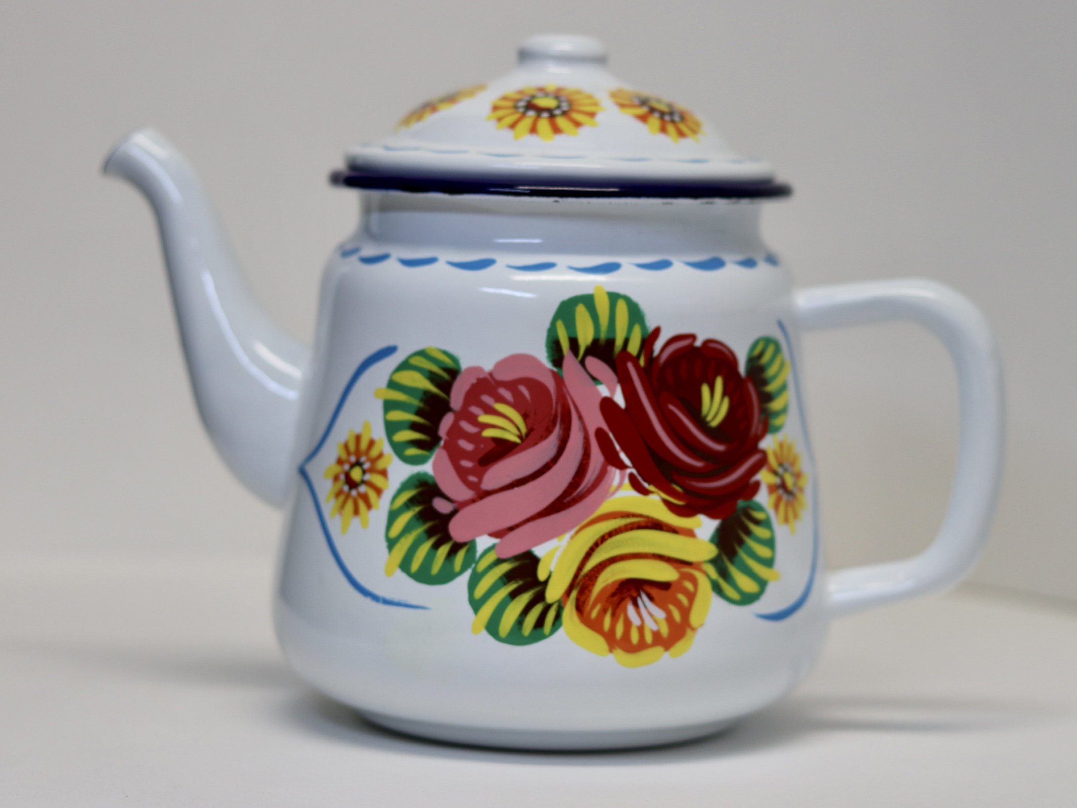 Canal Roses handpainted white enamel teapot