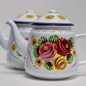 White enamel teapots hand painted with traditional Canal Roses and daisies, folk art flowers