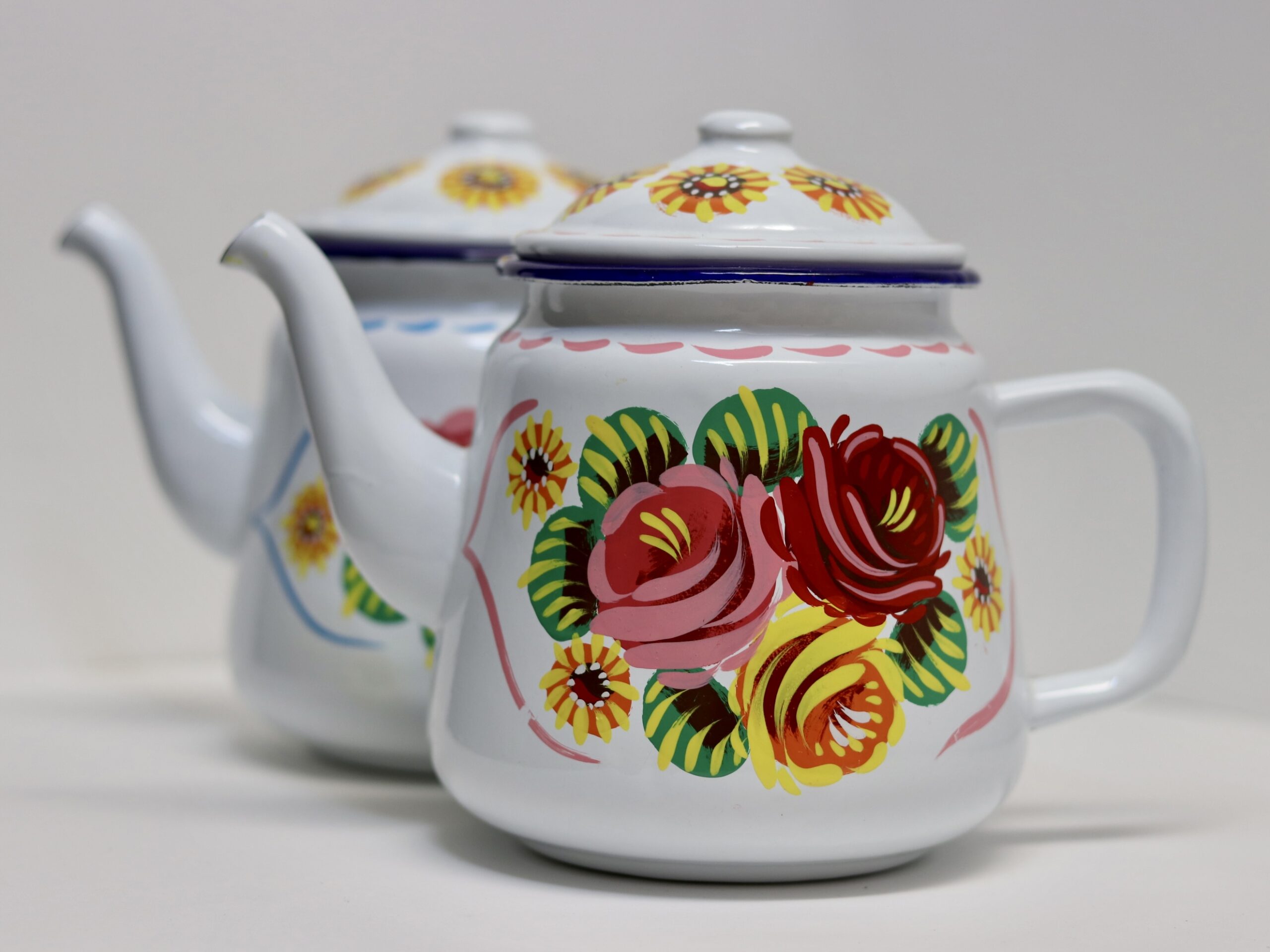 Canal Roses handpainted white enamel teapots