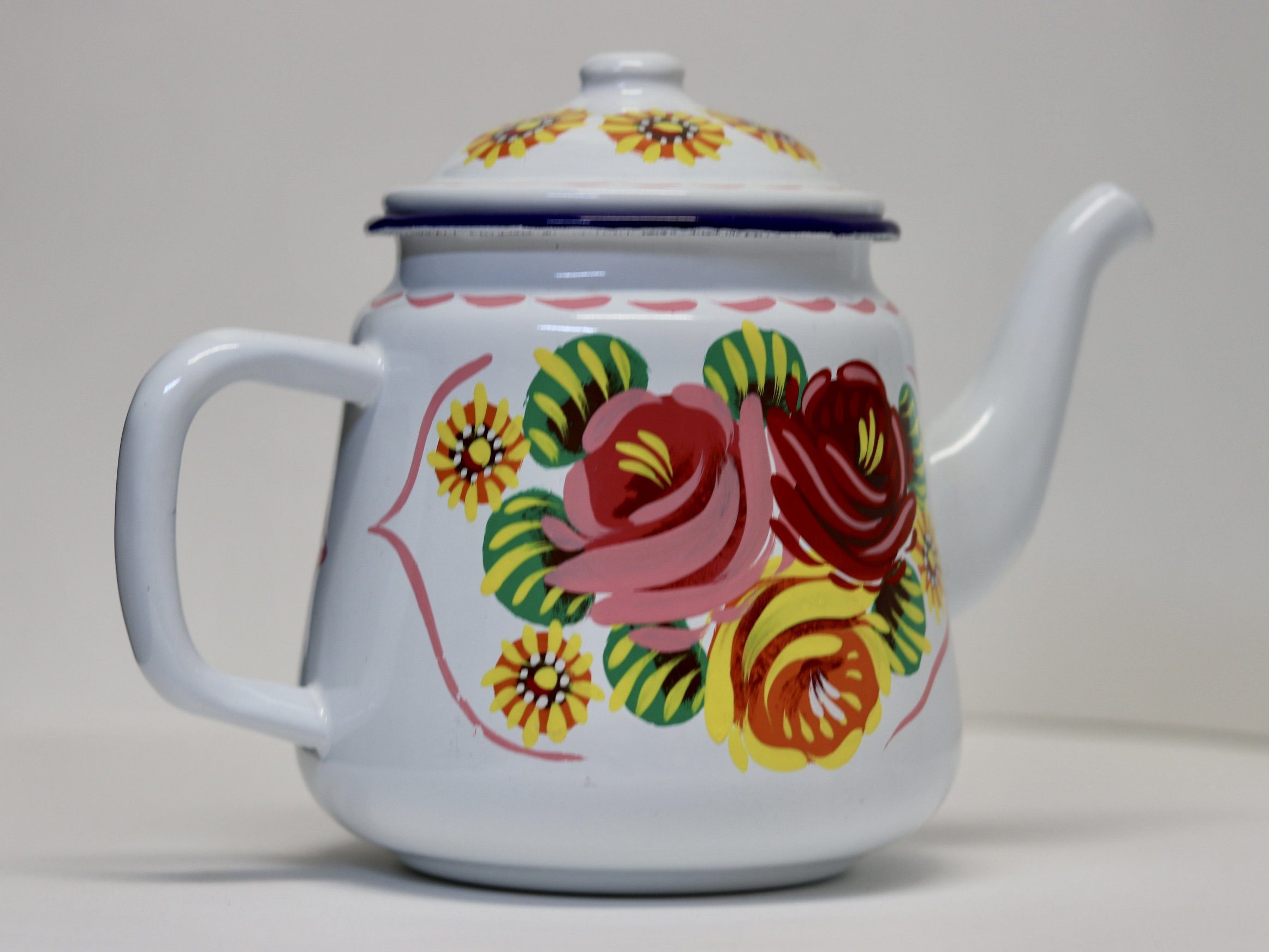 Canal Roses handpainted white enamel teapot