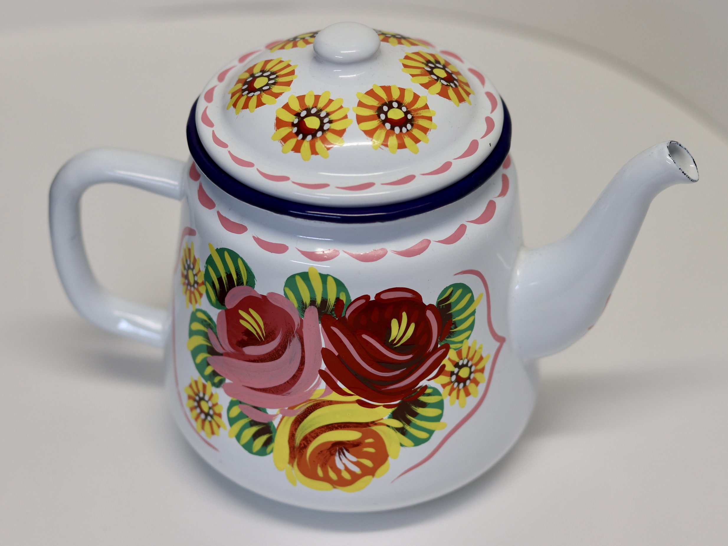 Canal Roses handpainted white enamel teapot