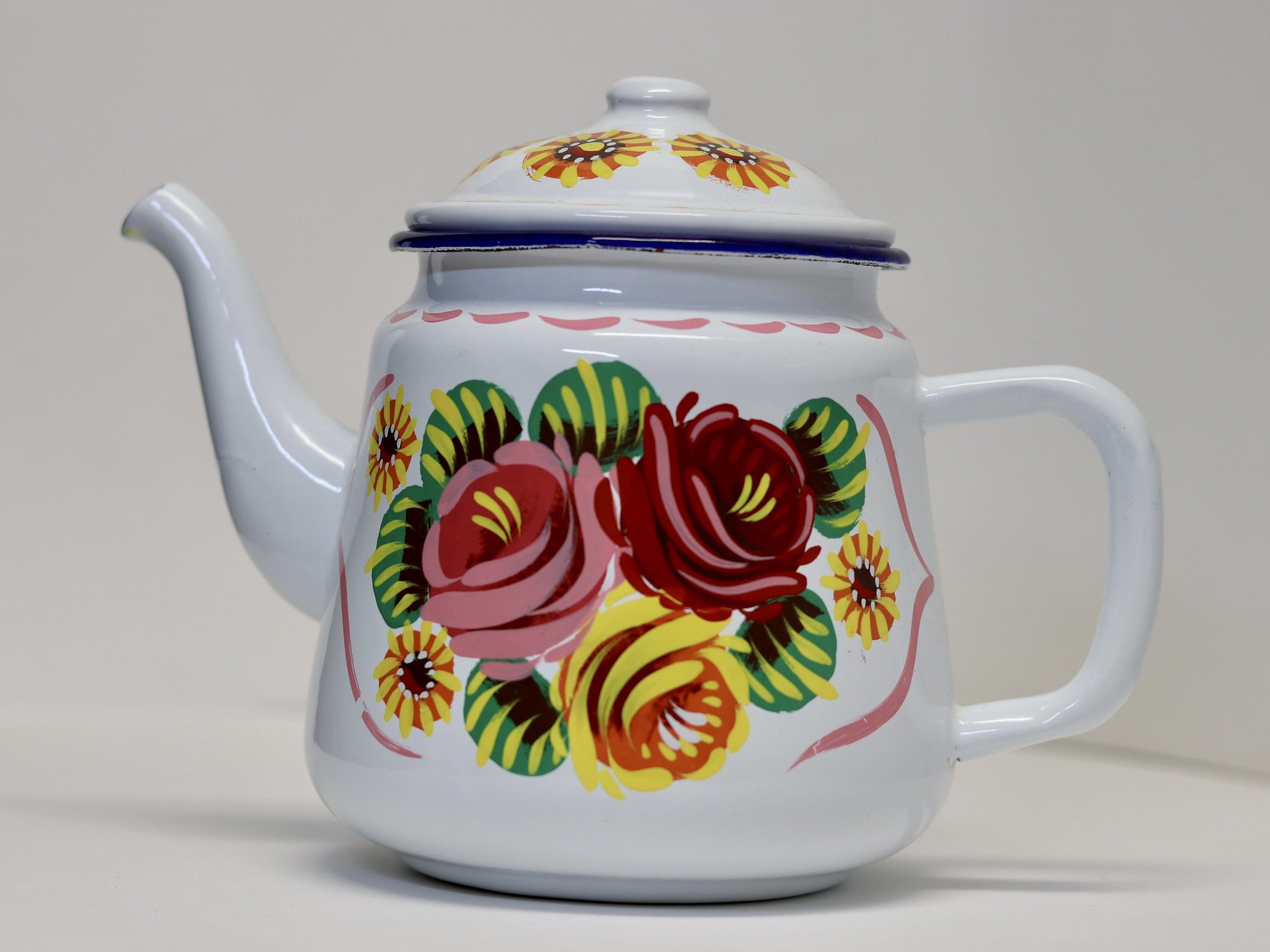 Canal Roses handpainted white enamel teapot