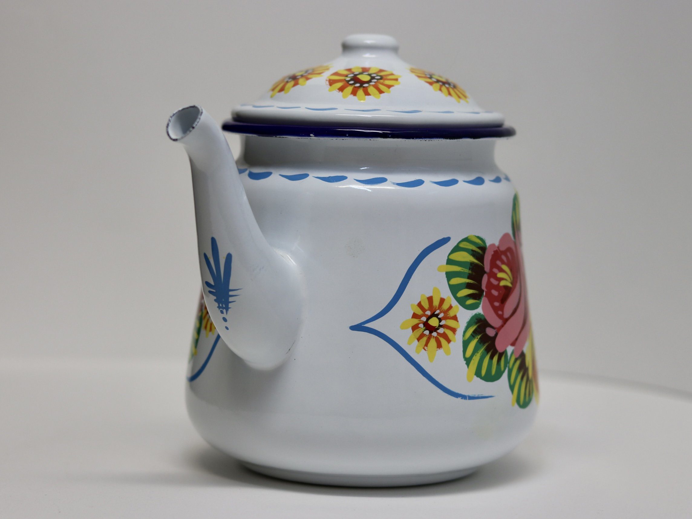 Canal Roses handpainted white enamel teapot