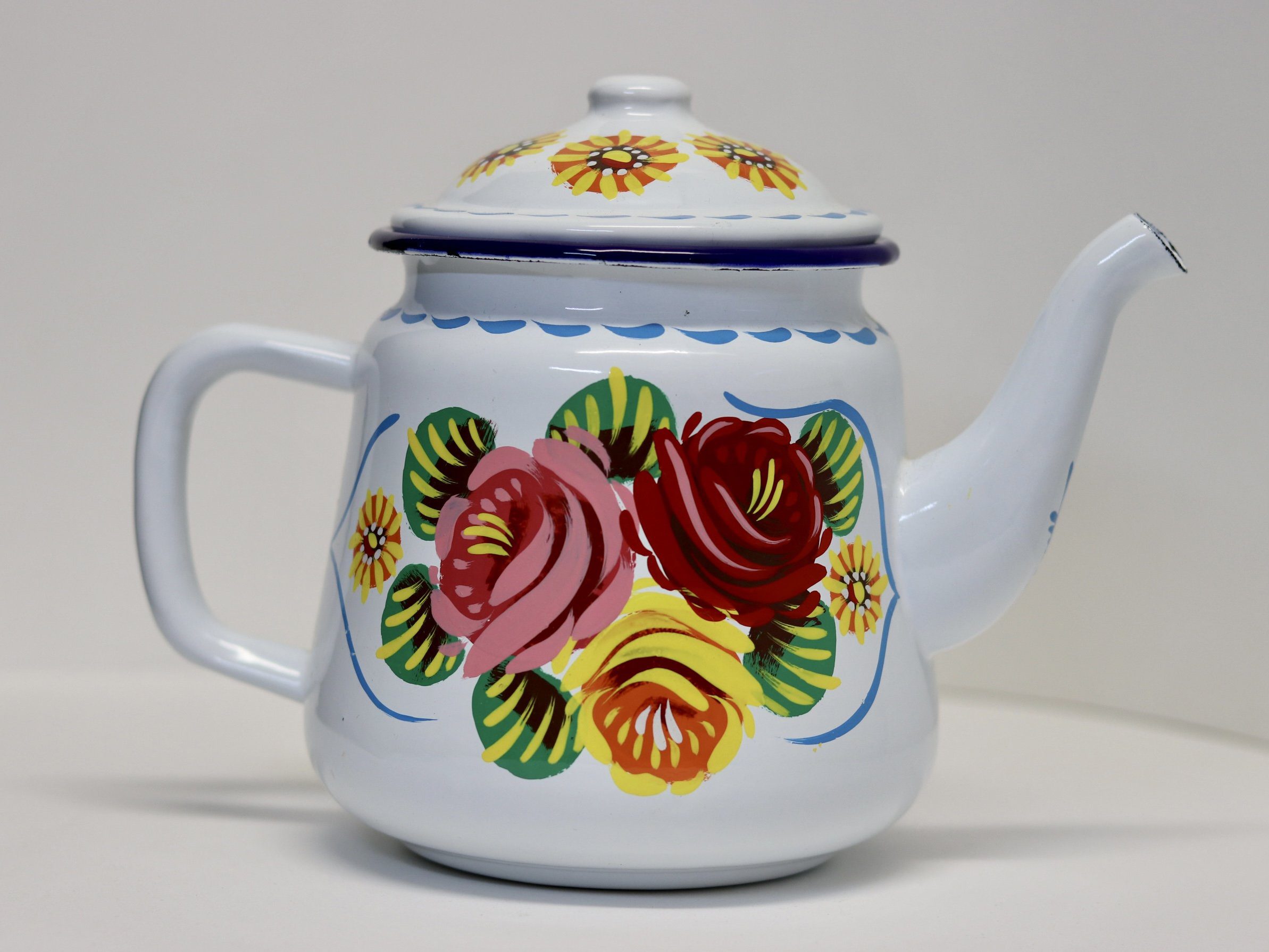 Canal Roses handpainted white enamel teapot