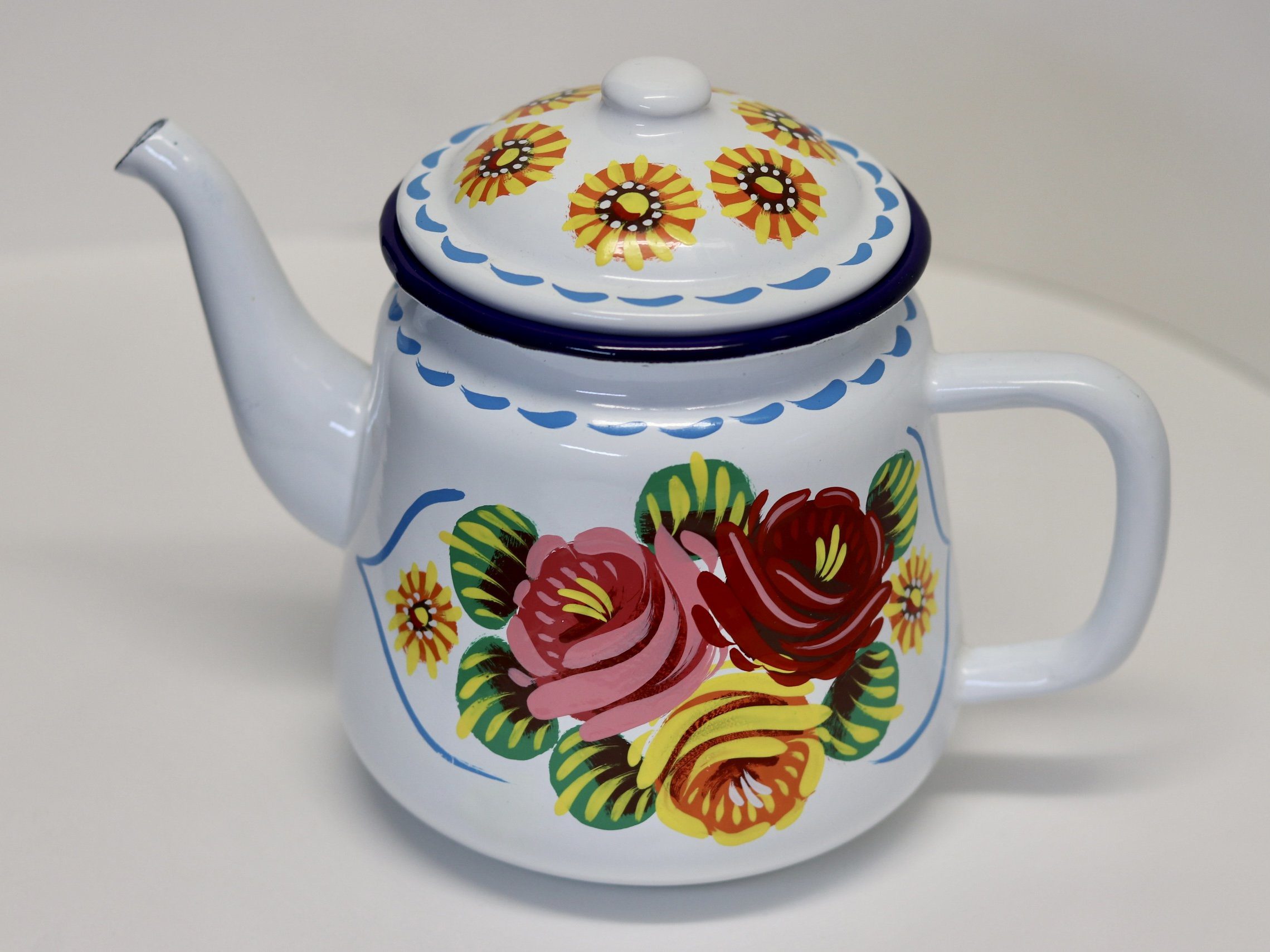 Canal Roses handpainted white enamel teapot