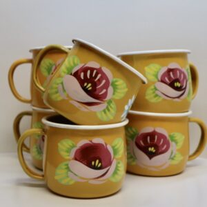 Canal Roses handpainted yellow enamel mugs with pink roses & daisies