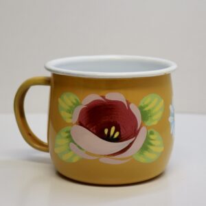 Canal Roses handpainted yellow enamel mugs with pink roses & daisies