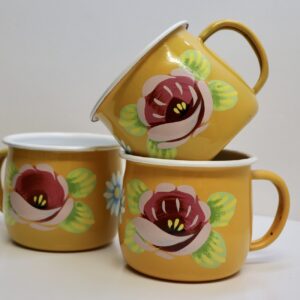 Canal Roses handpainted yellow enamel mugs with pink roses & daisies