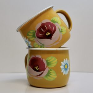 Canal Roses handpainted yellow enamel mugs with pink roses & daisies