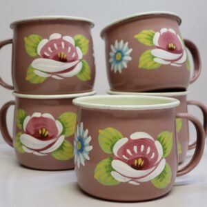 Canal Roses handpainted white enamel mugs with white roses & daisies