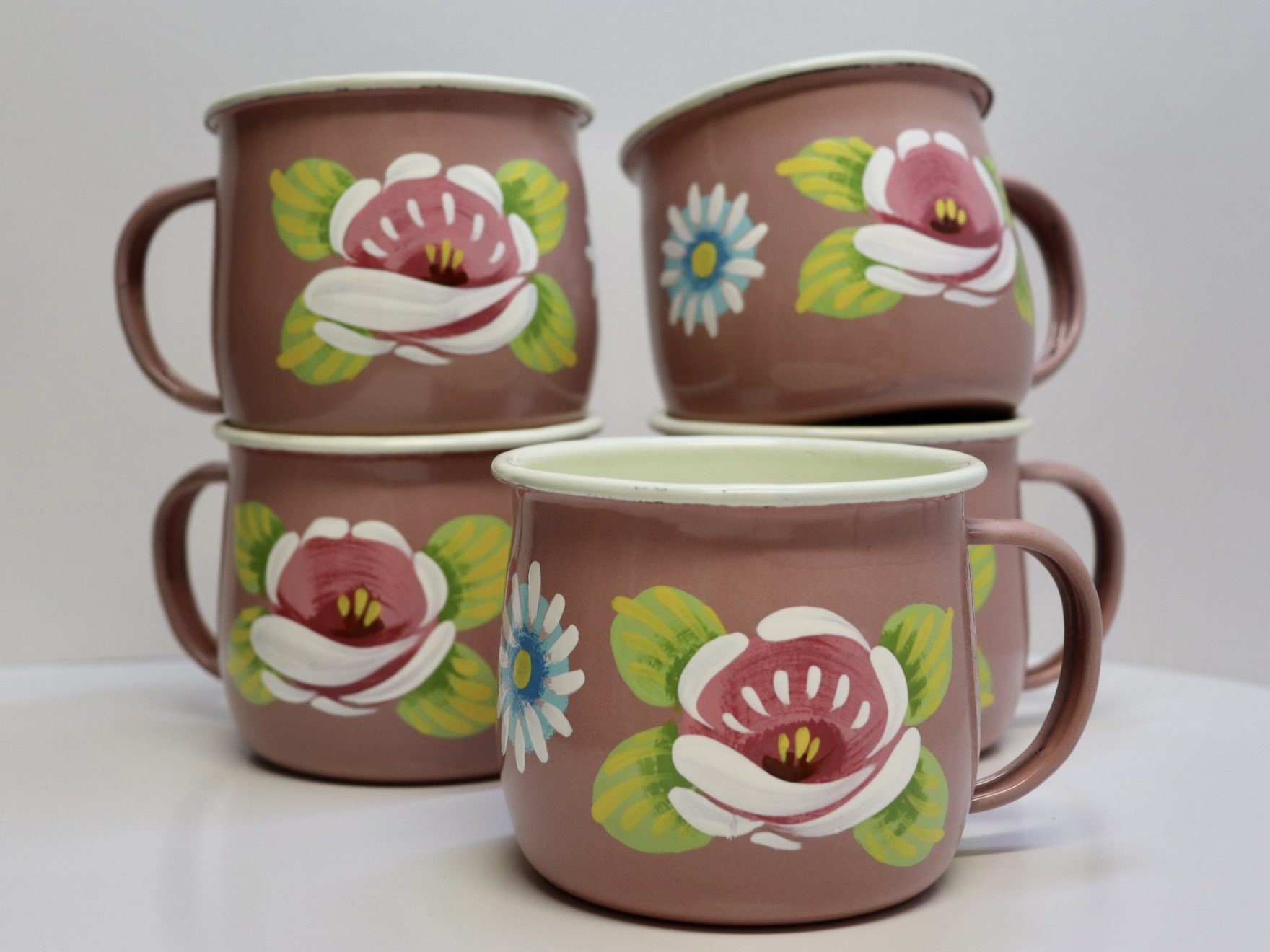 Canal Roses handpainted white enamel mugs with white roses & daisies