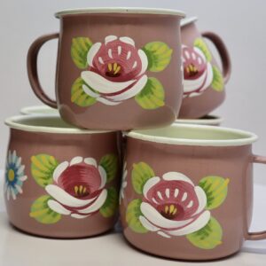 Canal Roses handpainted white enamel mugs with white roses & daisies