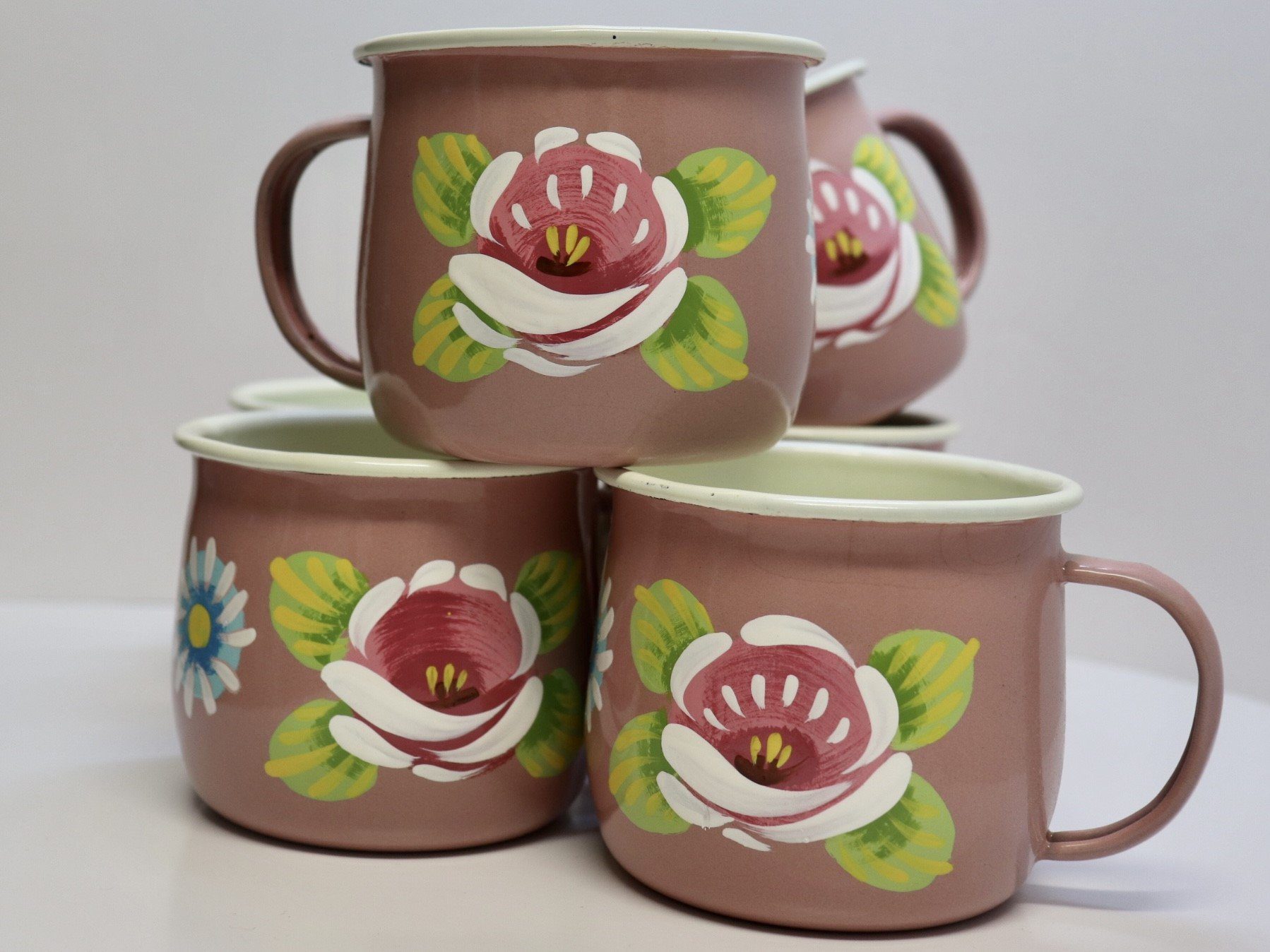 Canal Roses handpainted white enamel mugs with white roses & daisies